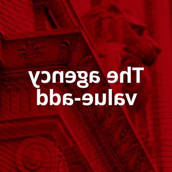 Vendi's lion statue with a red 照片处理 over it with "The agency value-add" in white text in the center of the image.